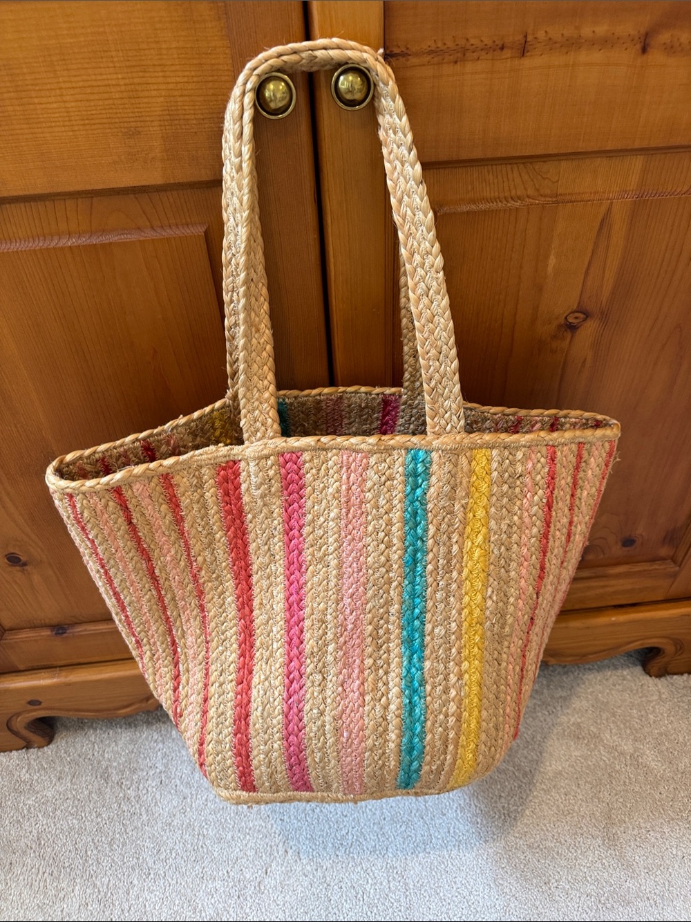 Shiraleah Multicolor Striped Woven Tote - Pink, Coral, Teal, Yellow, Natural - Picture 3 of 5